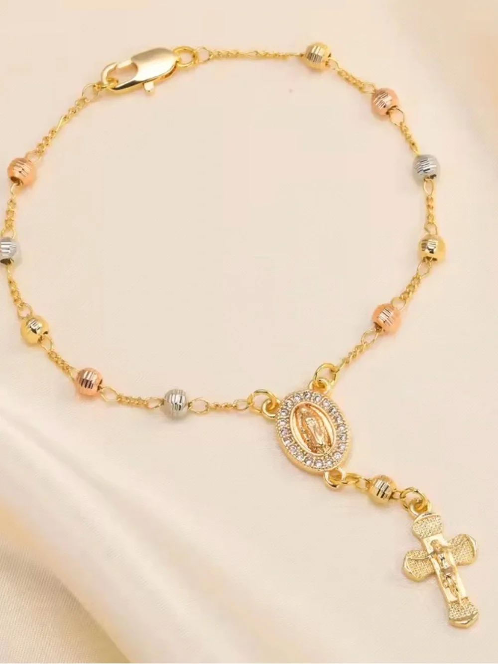 Virgin Mary Cross Charm Bracelet Gold Tone